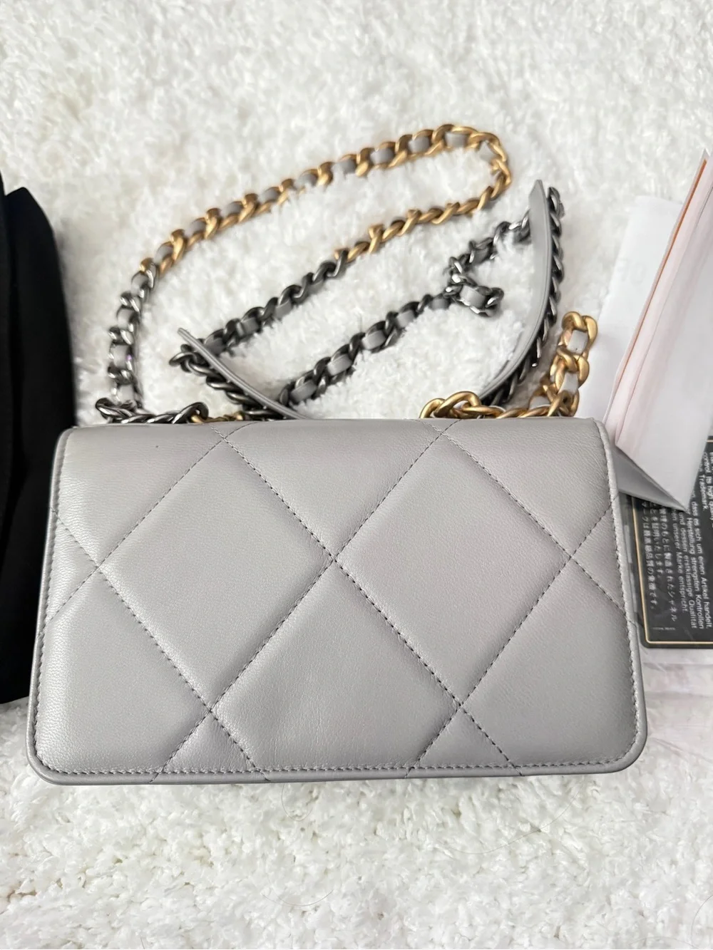 CHANEL Gray Quilted Leather Crossbody with Gold Chain